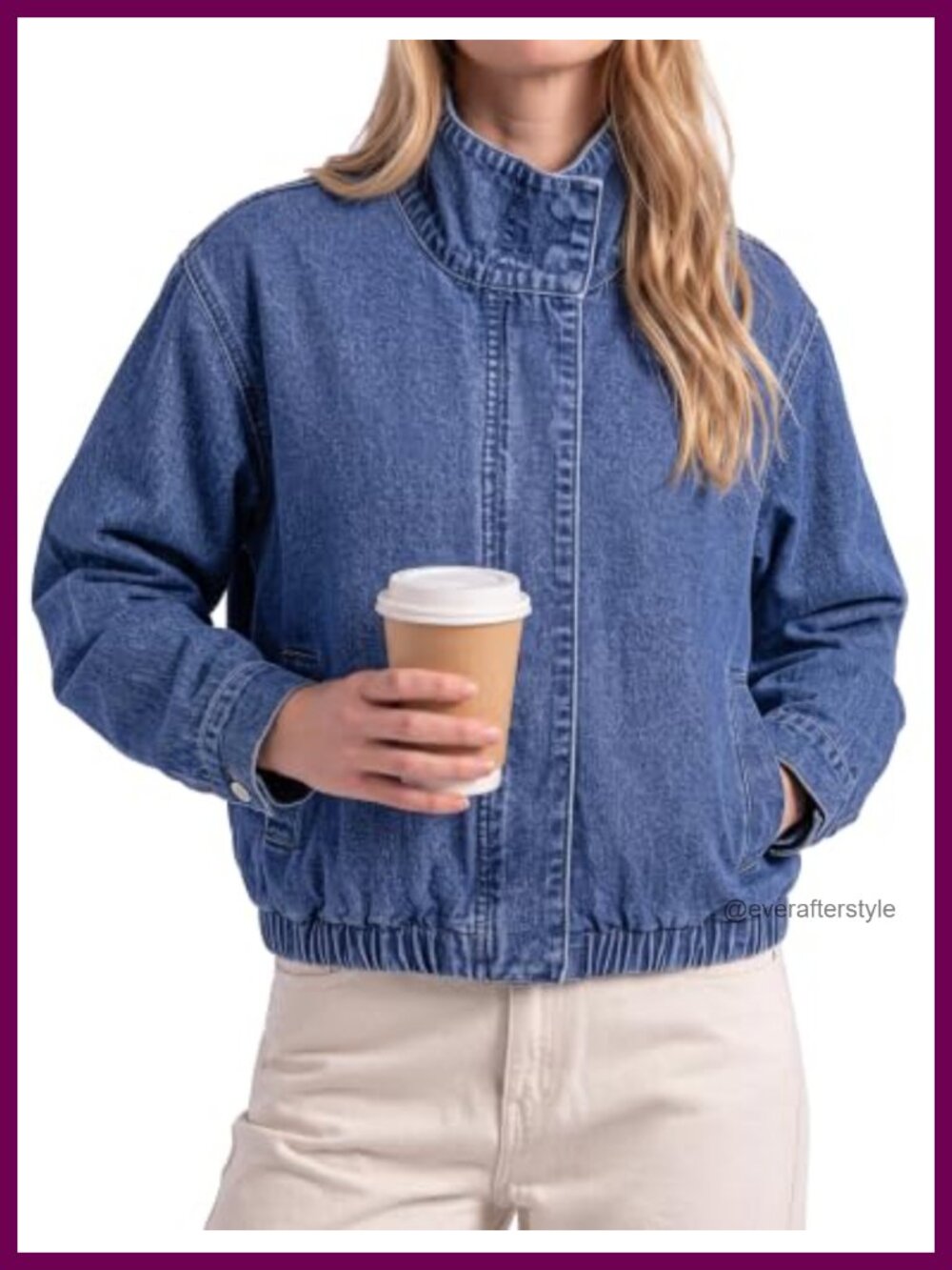 Oversized Funnel Neck Denim Jacket Zip Up Casual Jean Jacket
